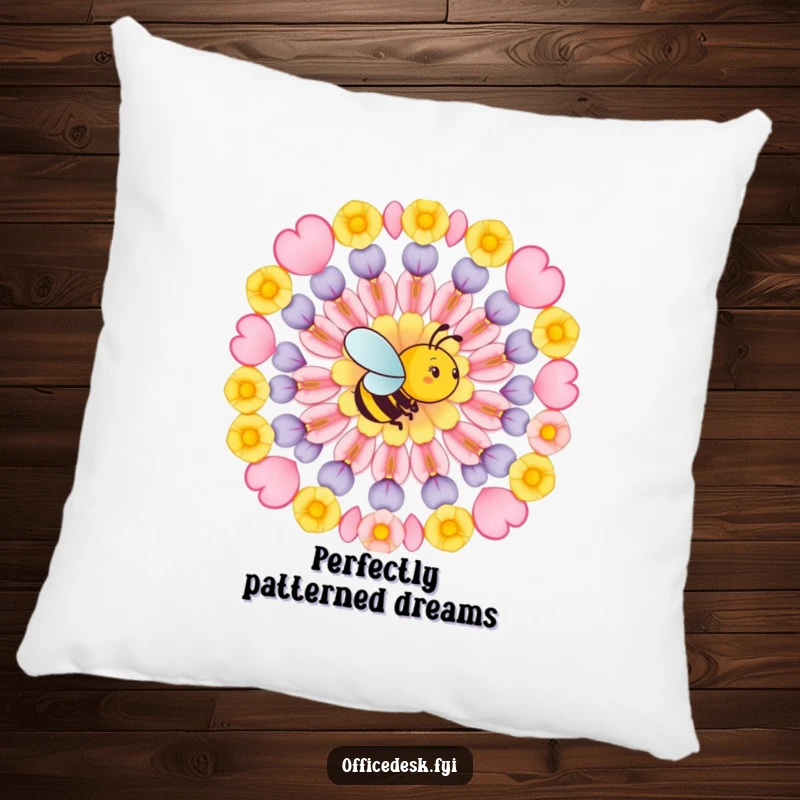 Funny pillow featuring a busy bee meticulously arranging flower petals in a perfect geometric pattern, offering cozy comfort and a symbol of artistic dedication.