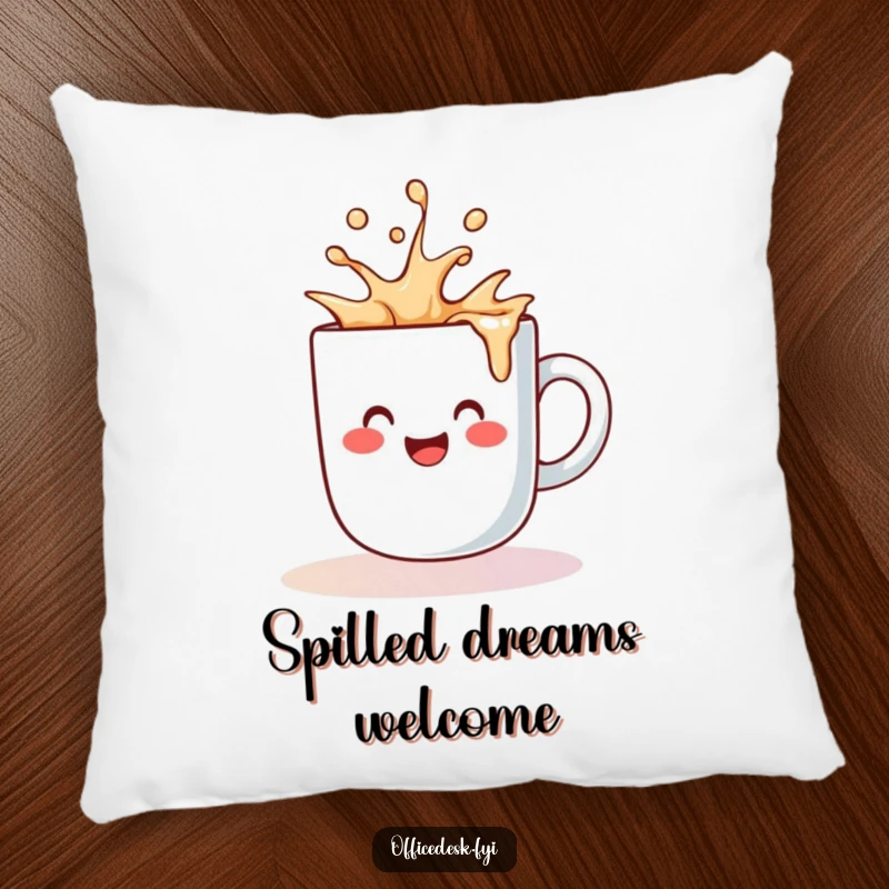 Funny pillow featuring a cute coffee mug character happily spilling liquid, radiating cheerfulness and comfort.