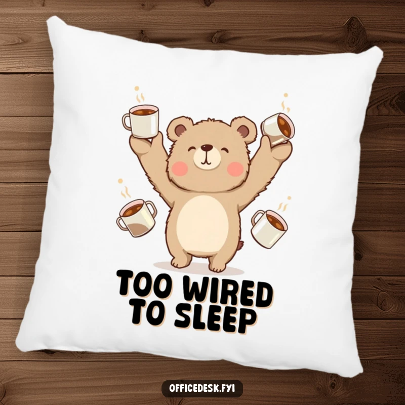 Soft pillow featuring a funny bear hilariously juggling coffee cups, comfort and humor decor.