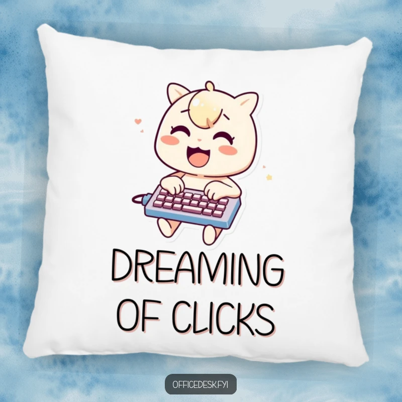 Funny pillow featuring a cheerful character typing with great enthusiasm on a miniature keyboard for humorous comfort.