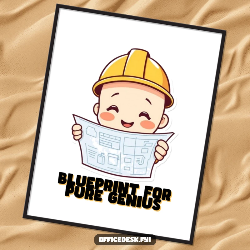 Funny construction worker smiling, hard hat, blueprint, digital art print, witty wall decor, funny gift.