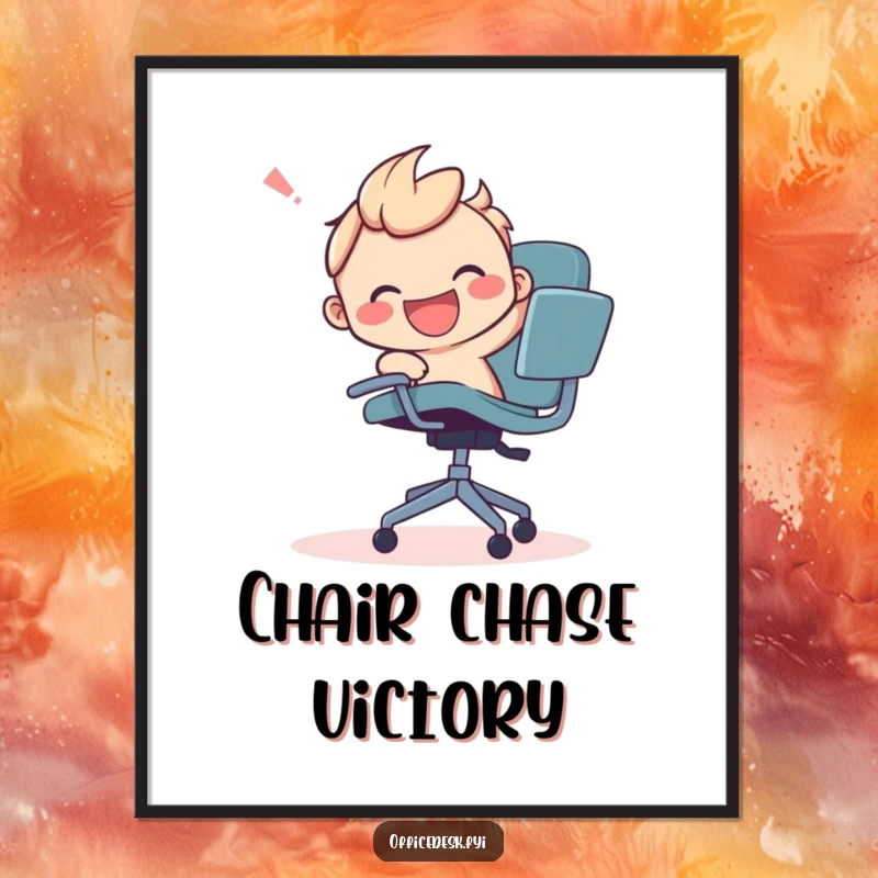 Funny digital art print of a smiling character joyfully wrestling a runaway office chair, full of energetic and humorous spirit.