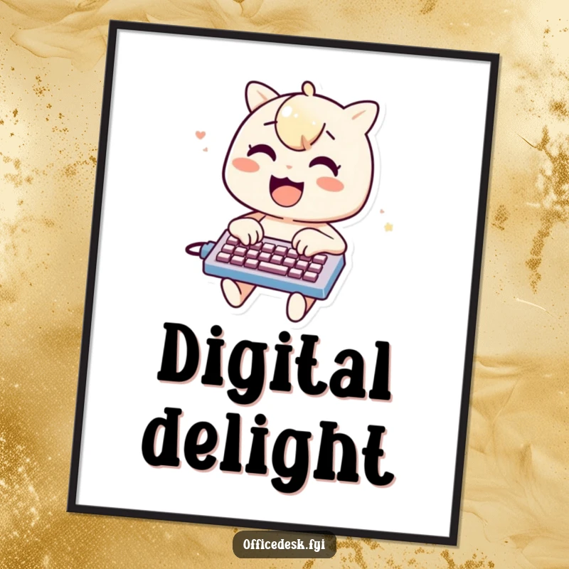 Funny digital art print of a cheerful character typing enthusiastically on a miniature keyboard, vibrant and humorous digital decor.