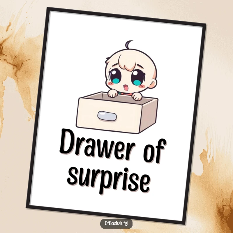 Funny Digital Art Print: A small character with wide, excited eyes discovering a secret compartment in a desk drawer, symbolizing hidden wonders.