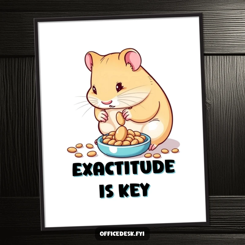 Funny digital art print of a determined hamster carefully measuring out exactly one seed on a tiny scale, embodying extreme precision and humor.
