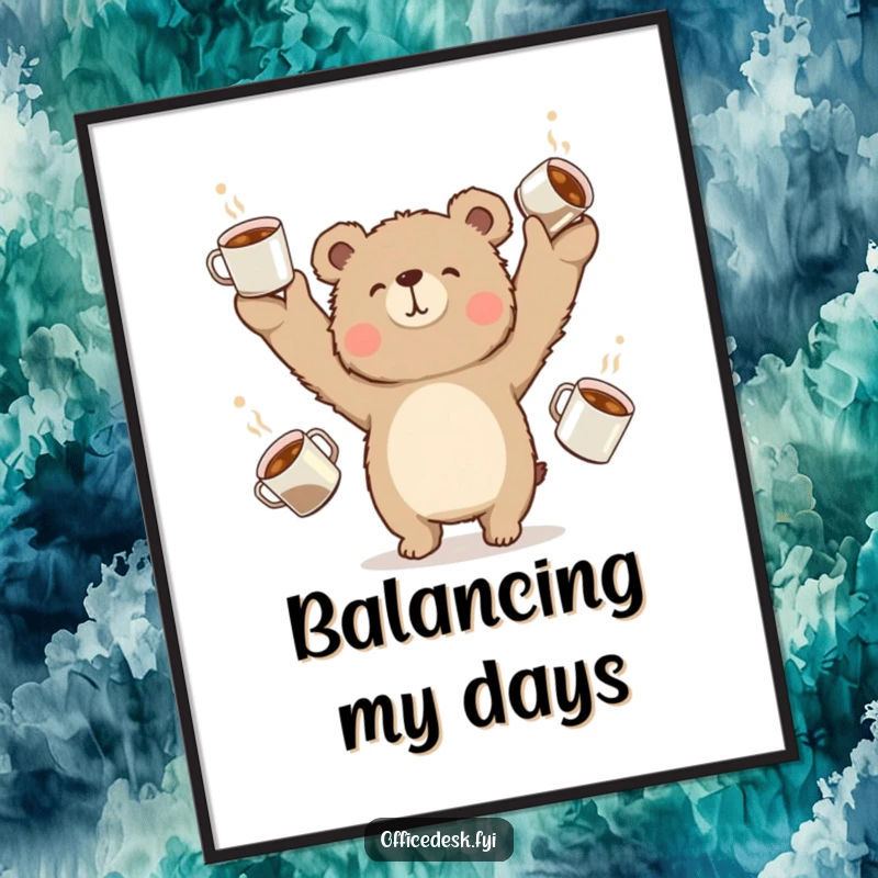 Funny bear hilariously juggling overflowing coffee cups, digital art print for cafe or home.