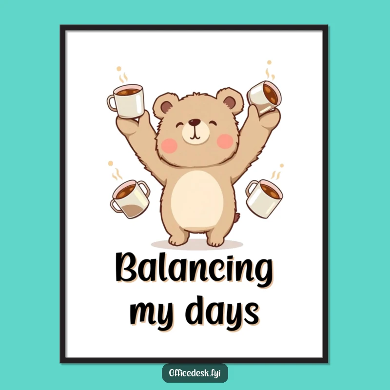 Funny Bear Coffee Juggling Digital Print: Hilarious Art for Instant Cafe Decor