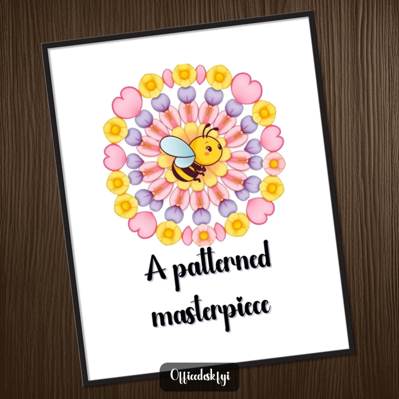 Funny digital art print of a busy bee arranging flower petals in a perfect geometric pattern, embodying nature's artistry and humorous design.