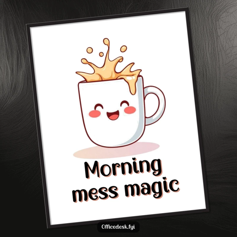 Funny digital art print of a cute coffee mug character happily spilling a splash of liquid, embodying cheerful chaos.