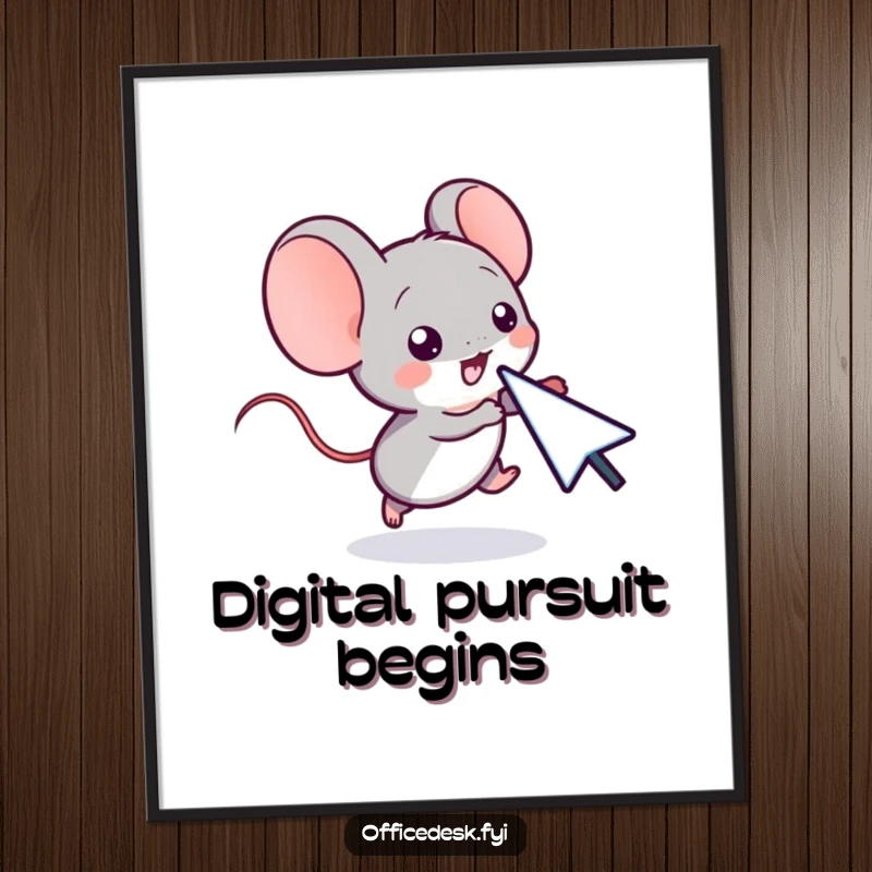 Funny digital art print of a small computer mouse character playfully chasing a cursor on a screen, embodying tech fun.