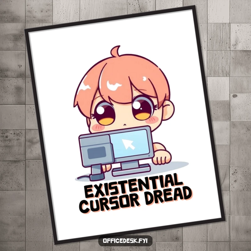 Funny digital art print capturing a wide-eyed character's intense focus on a blinking computer cursor, embodying tech frustration humorously.