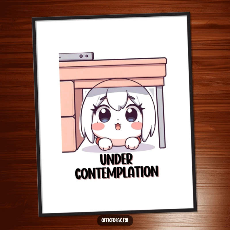 Funny digital art print of a surprised character hiding under a desk, eyes wide in comedic panic, instantly downloadable for humor.