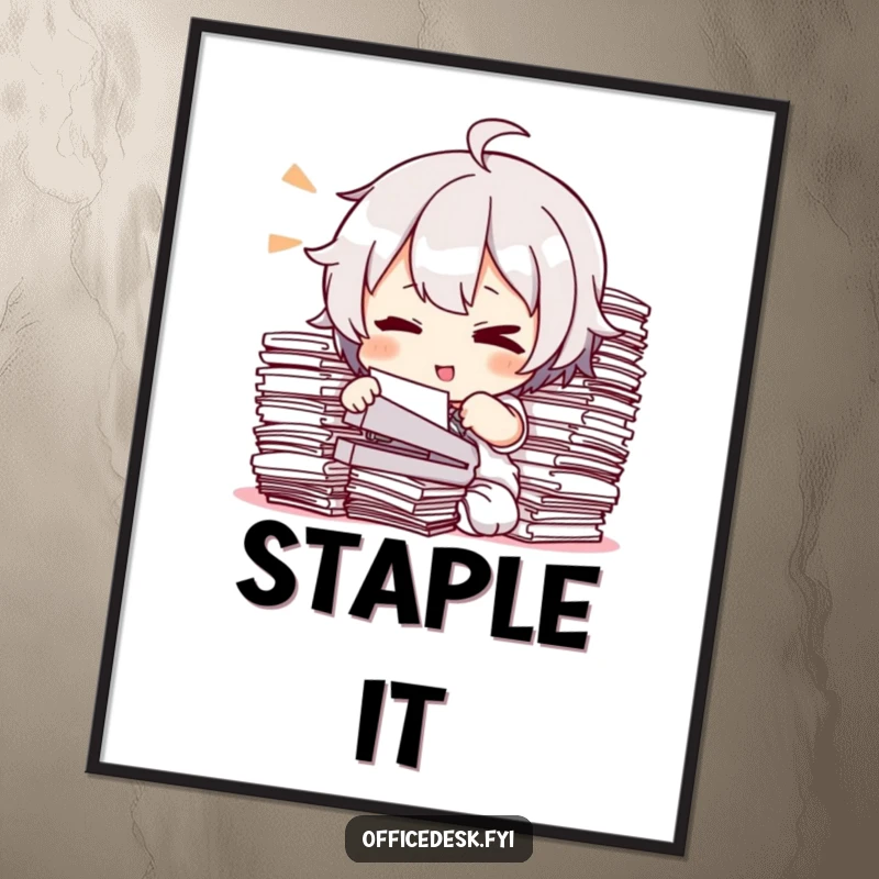 Funny Digital Art Print: A character winking while stapling a huge pile of documents, conveying clever office humor.