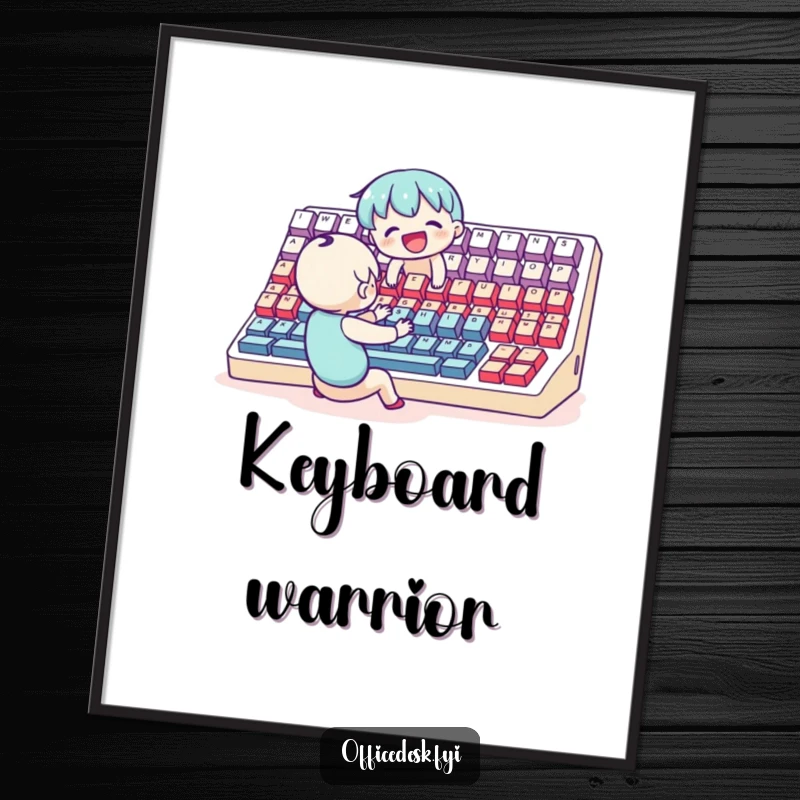 Funny Digital Art Print: A small, joyful character enthusiastically typing on an impossibly large keyboard, celebrating digital creation.