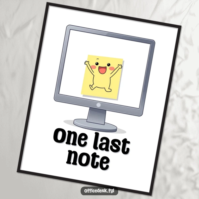 Funny Digital Art Print: A small sticky note character joyfully leaping off a monitor edge, symbolizing spontaneous ideas and energetic action.