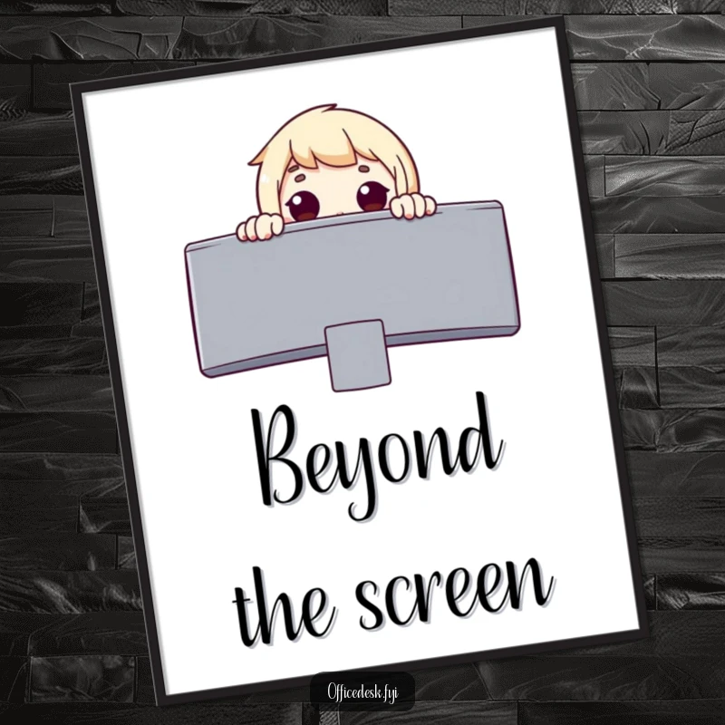Funny digital art print of a surprised character peeking over a giant monitor with eyes wide in wonder, capturing a moment of discovery.