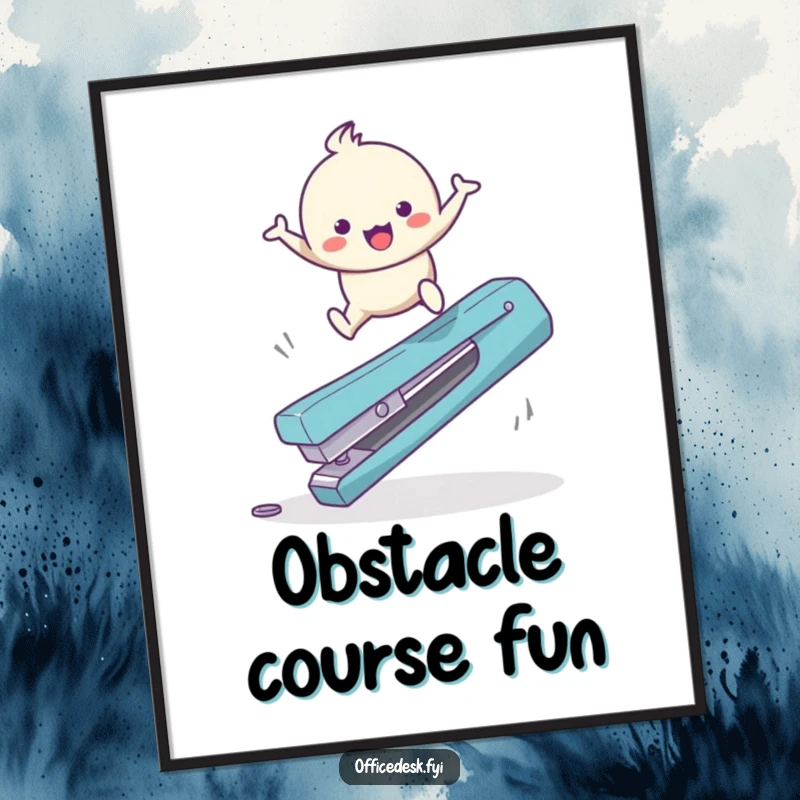 Funny Digital Art Print: A small, happy character joyfully leaping over a massive, toppled staple remover, symbolizing playful office victory.