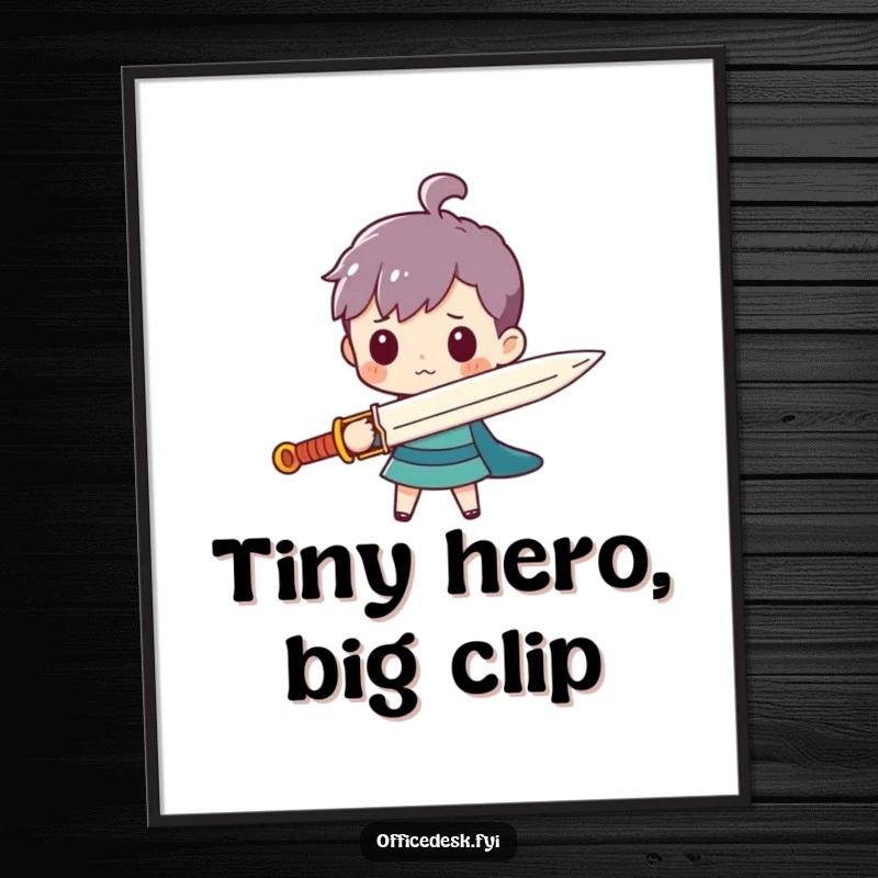 Funny digital art of a tiny character with a giant paperclip sword, a humorous and instantly downloadable piece.