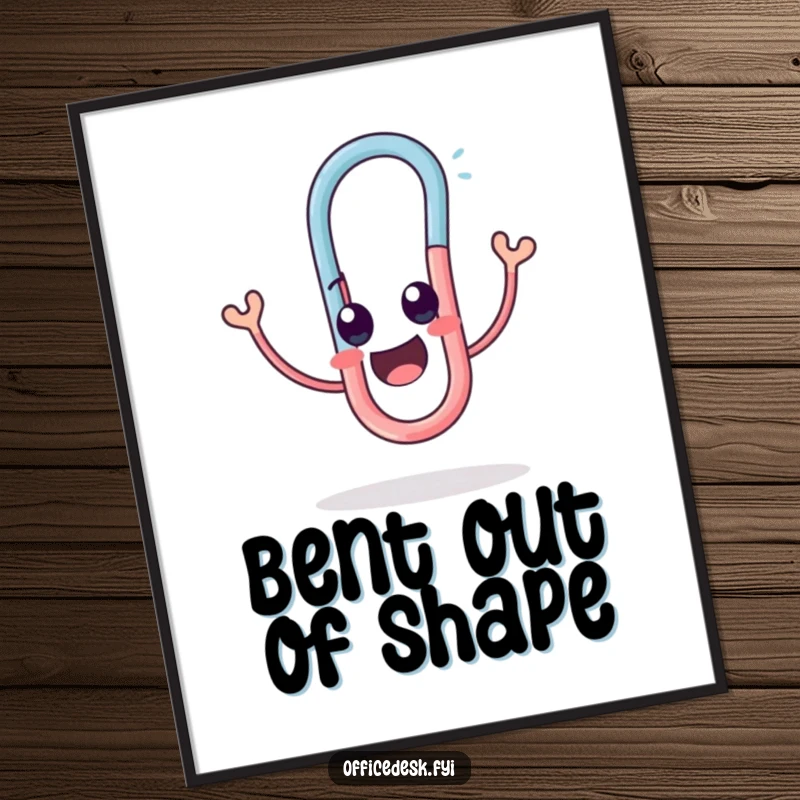 Funny digital art print of a cute paperclip character blissfully twisting into a funny, amusing shape.