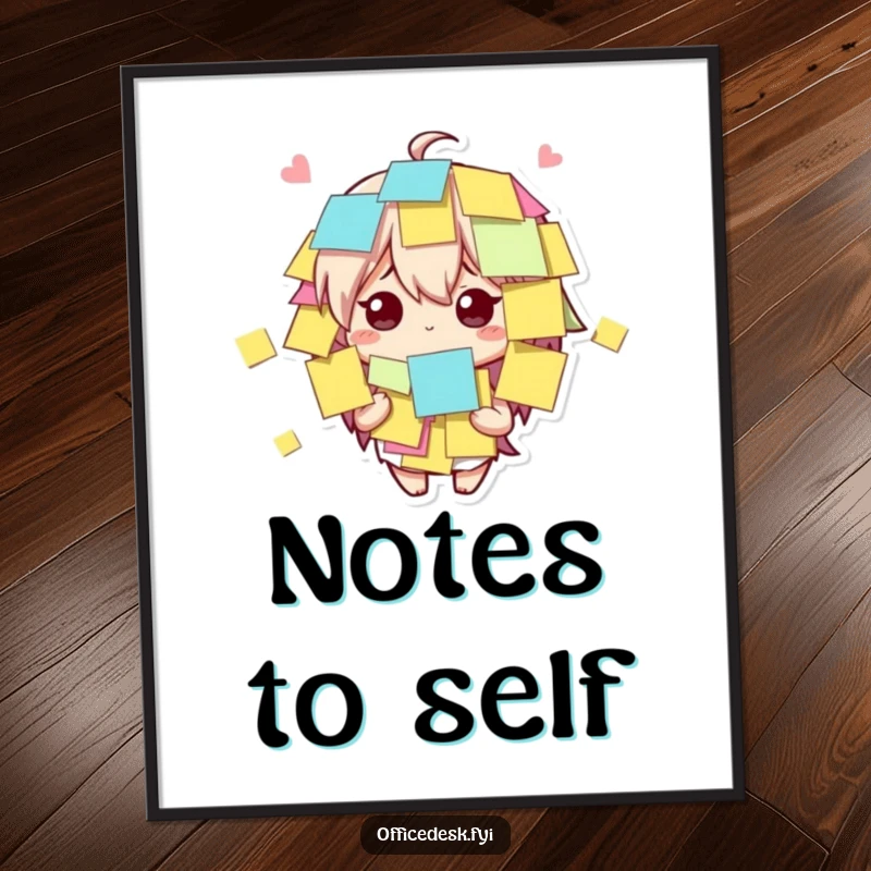 Funny cute character covered in sticky notes, looking bewildered yet amused, as a digital art print for humorous decor.