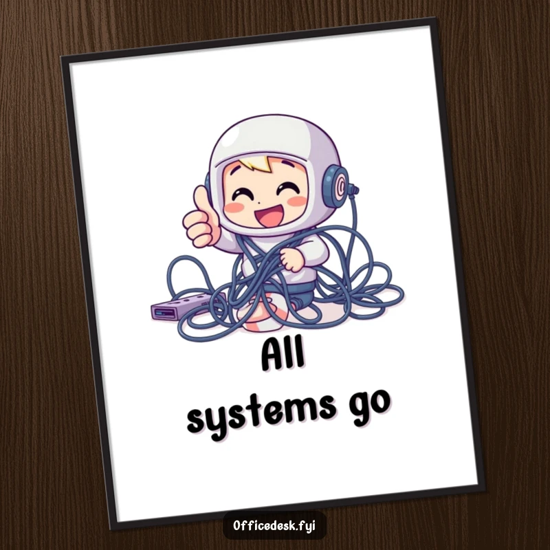 Funny cheerful character giving a thumbs up while tangled in computer cables, as a digital art print for humorous decor.