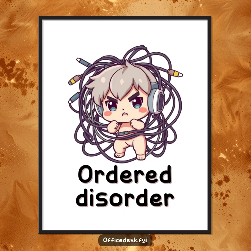 Funny Digital Art Print: A small, determined character heroically battling a massive organism of tangled electronic cables, symbolizing tech chaos.