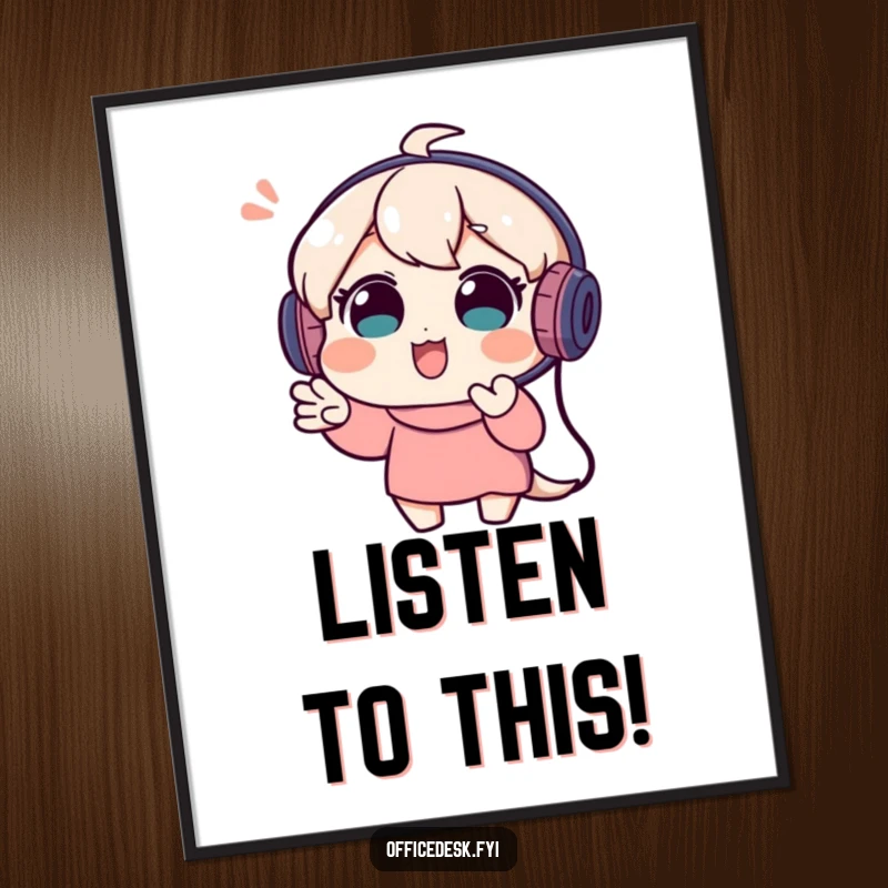 Funny digital art print of a playful character wearing a headset, enthusiastically gesturing during a video call, capturing animated energy.