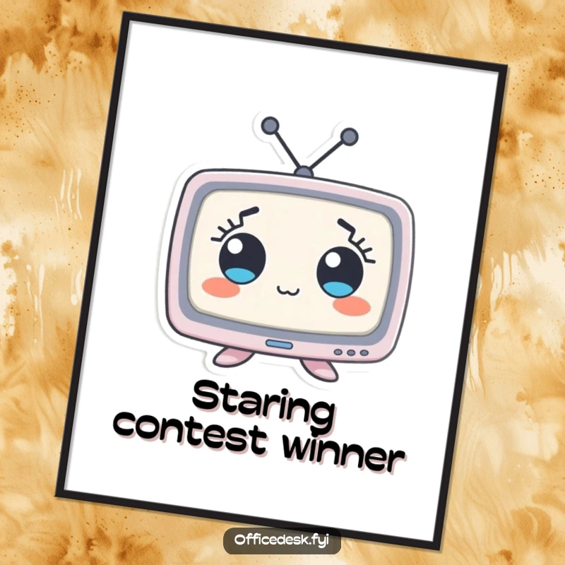 Funny digital art of a small computer monitor character with comically wide eyes, perfect for instant wall decor and a good laugh.