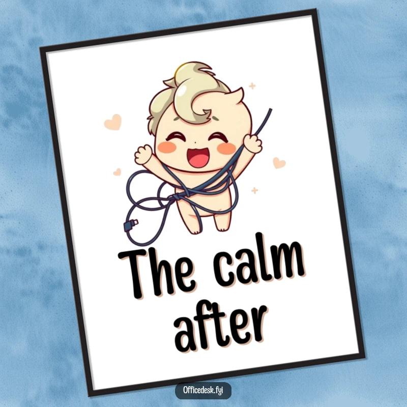 Funny digital art print of a joyful character triumphantly untangling a chaotic mess of wires, symbolizing order and problem-solving.