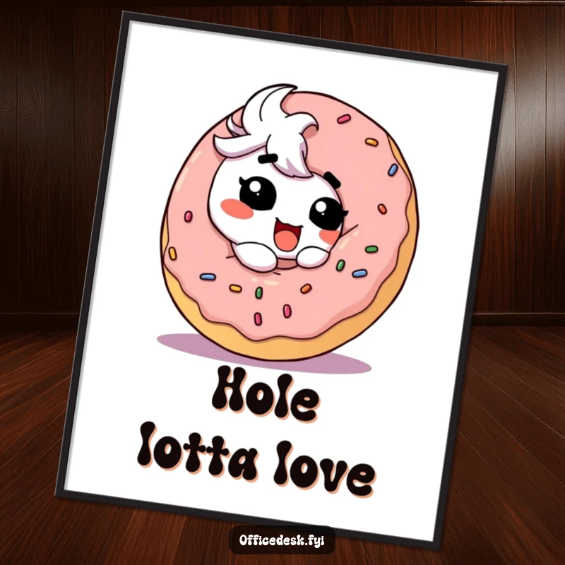 Funny Digital Art Print: A cute character with a goofy, ecstatic expression eating a massive, beautifully decorated donut, food art.