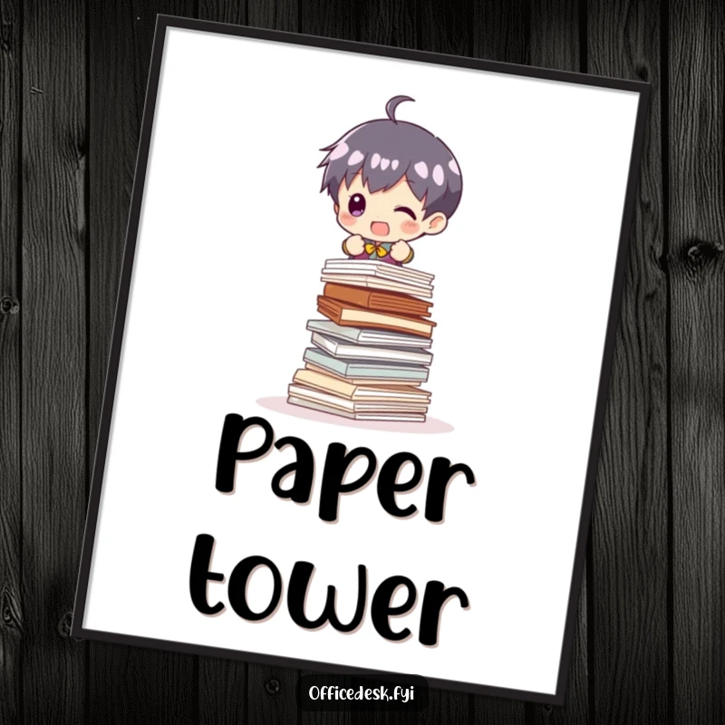 Funny Digital Art Print: A small character struggling with a massive, teetering pile of papers, conveying office humor.