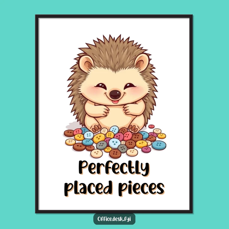 Funny Hedgehog Button Collector Digital Art: Charming Decor for a Whimsical Space