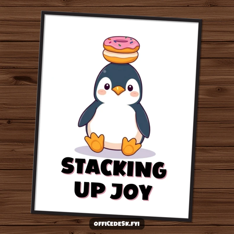 Funny penguin hilariously balancing a stack of donuts, digital art print for sweet decor.