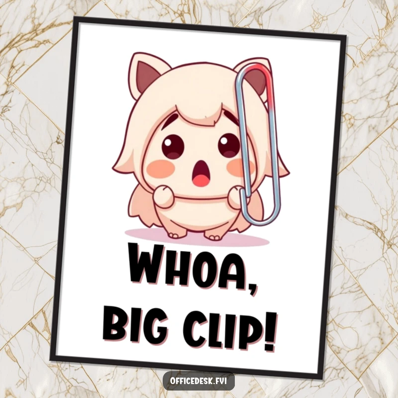 Funny digital art print of a cute character gasping at a colossal rogue paperclip, perfect for humorous office decor.