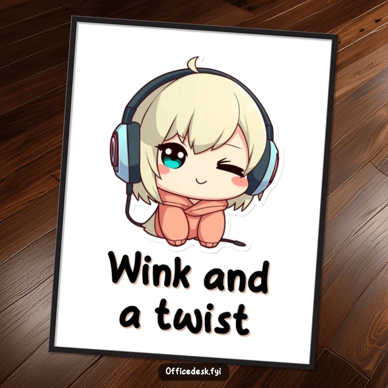 Funny digital art print of a cute character winking mischievously while wearing headphones backwards, perfect for music-themed playful decor.
