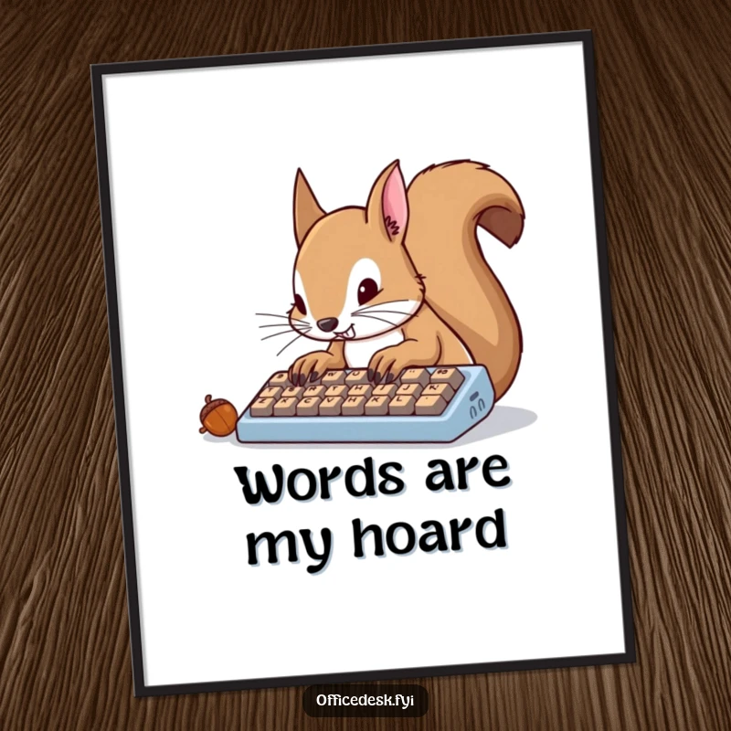 Funny squirrel furiously typing on a keyboard with acorn keys, digital art print for workspace.