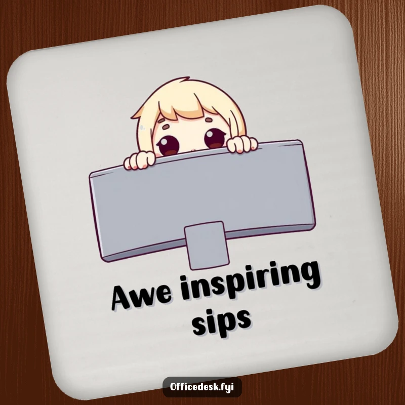 Funny drink coaster featuring a surprised character peeking over a giant monitor with a look of pure wonder, signifying discovery.