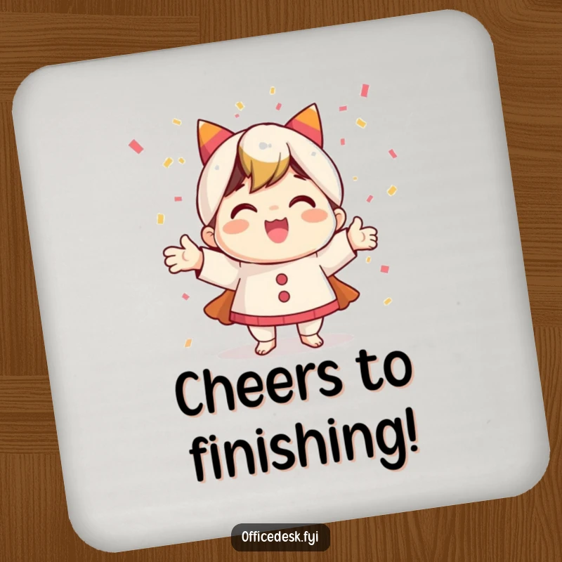 Funny drink coaster with a happy character exploding in confetti, designed to protect surfaces while adding a festive touch.