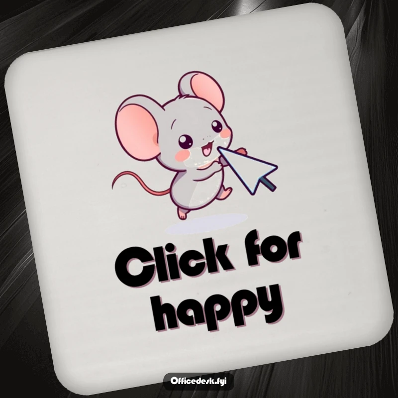 Funny drink coasters showing a small computer mouse character playfully chasing a cursor, adding a witty digital touch.