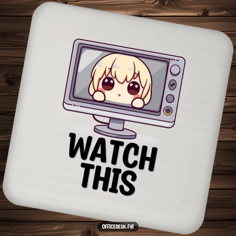 Funny Drink Coasters: A design of a character peeking with wide eyes from behind a monitor, humorous surface protection.