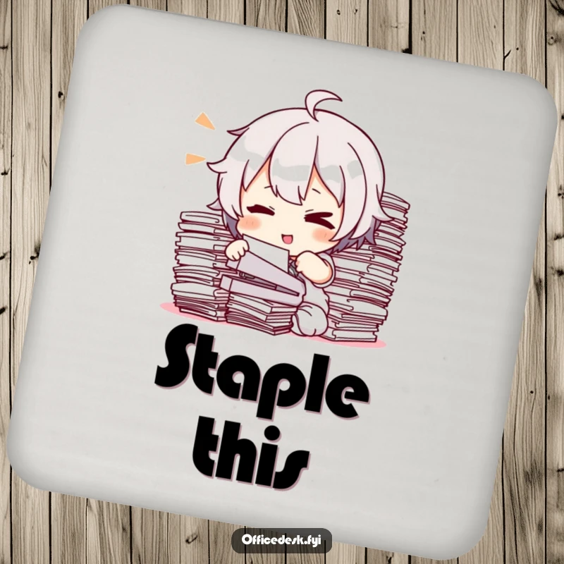 Funny Drink Coasters: A character winking while stapling documents, a humorous item for surface protection.