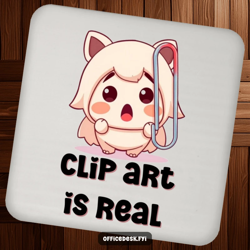 Funny drink coaster showing a cute character's surprised gasp at a colossal paperclip, protecting furniture with humor.