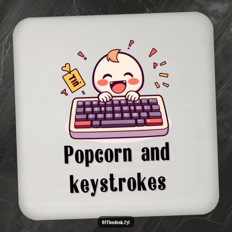 Funny Coaster: A tiny, smiling keyboard icon joyfully typing a chaotic but happy message, acting as a humorous drink protector.