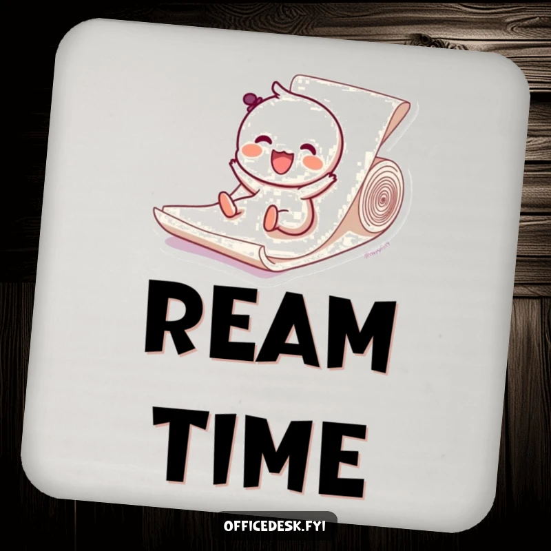 Funny drink coasters with a happy character sliding down a paper ream, providing surface protection with a dose of pure fun. Great gift.