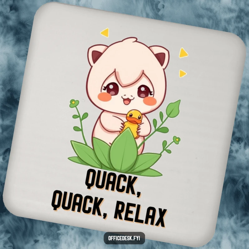 Funny drink coaster featuring a cute character hiding a rubber ducky in a plant, adding a decorative and humorous touch.