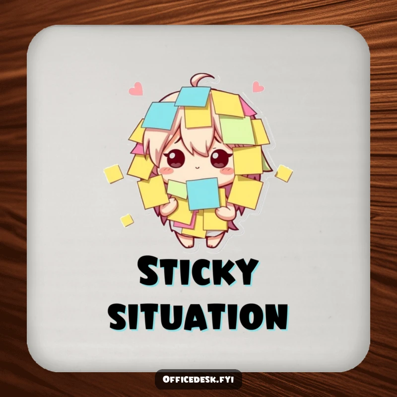 Funny cute character covered in sticky notes, looking bewildered but amused on a drink coaster for humorous table protection.