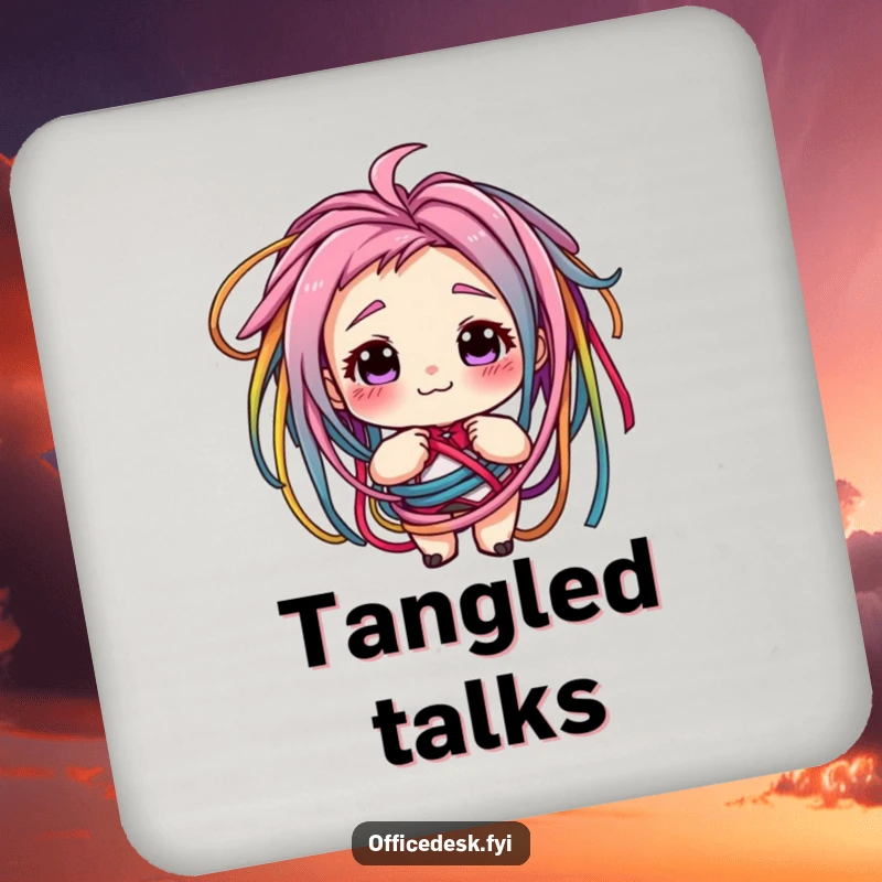 Funny drink coasters with a character tangled in colorful cords, offering surface protection and a dose of relatable tech humor. Great gift.