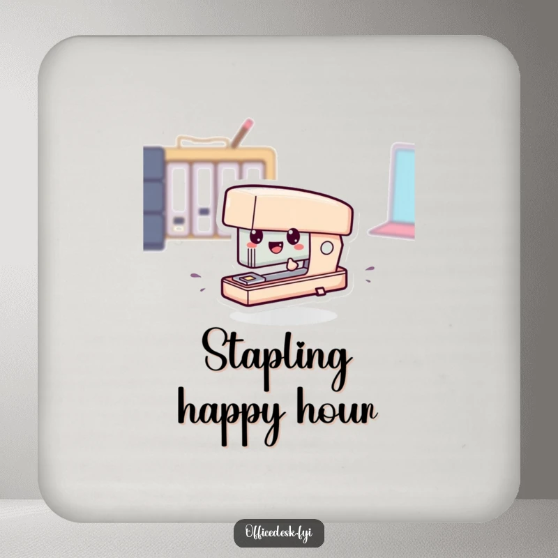 Funny drink coasters showing a tiny stapler character comically zipping rapidly, protecting surfaces with humor.