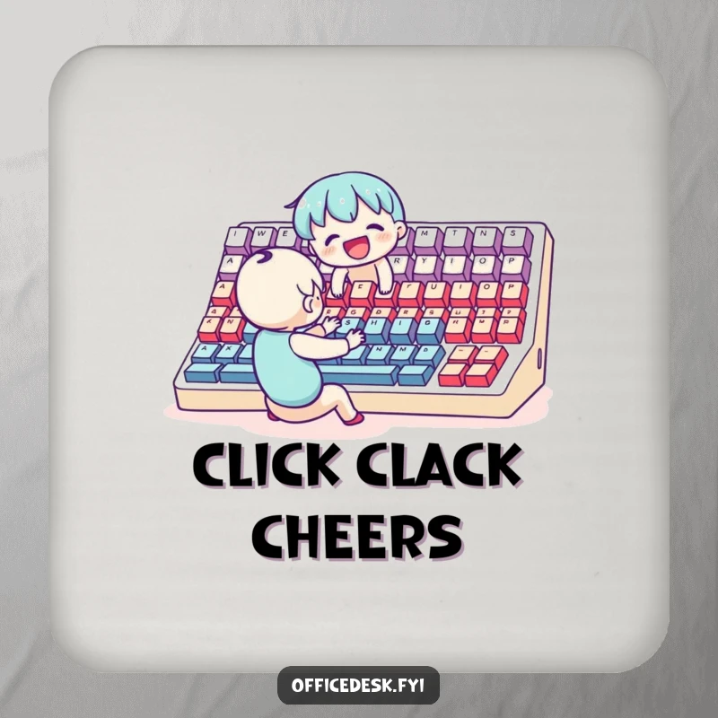 Funny Coaster: A small, joyful character typing on a comically oversized keyboard, adding a touch of humor to tabletops.