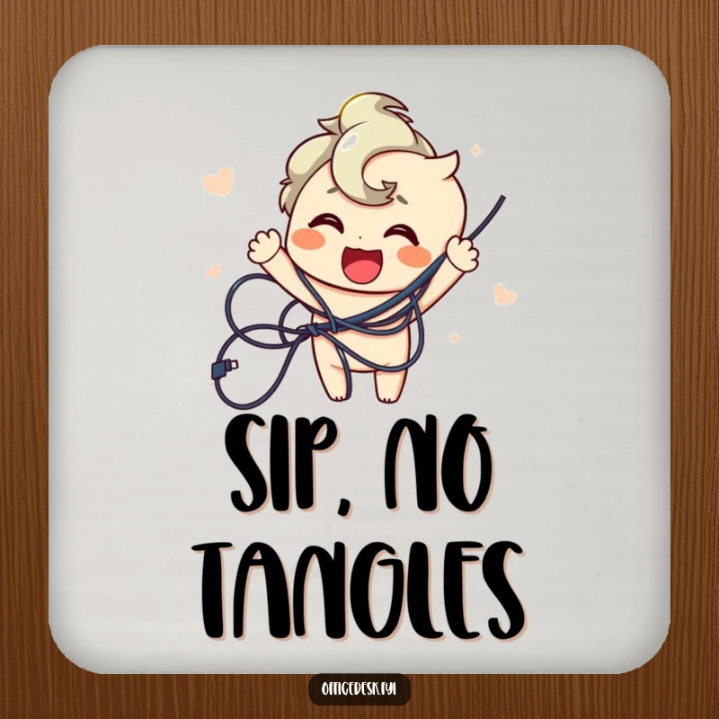 Funny drink coaster featuring a joyful character successfully untangling a messy bundle of wires, symbolizing order and neatness.